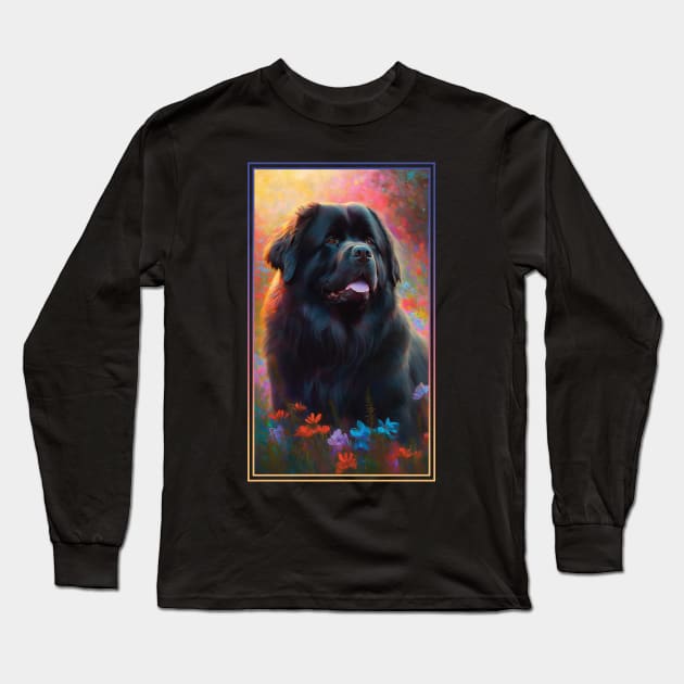 Newfoundland Dog Vibrant Tropical Flower Tall Digital Oil Painting Portrait 2 Long Sleeve T-Shirt by ArtHouseFlunky